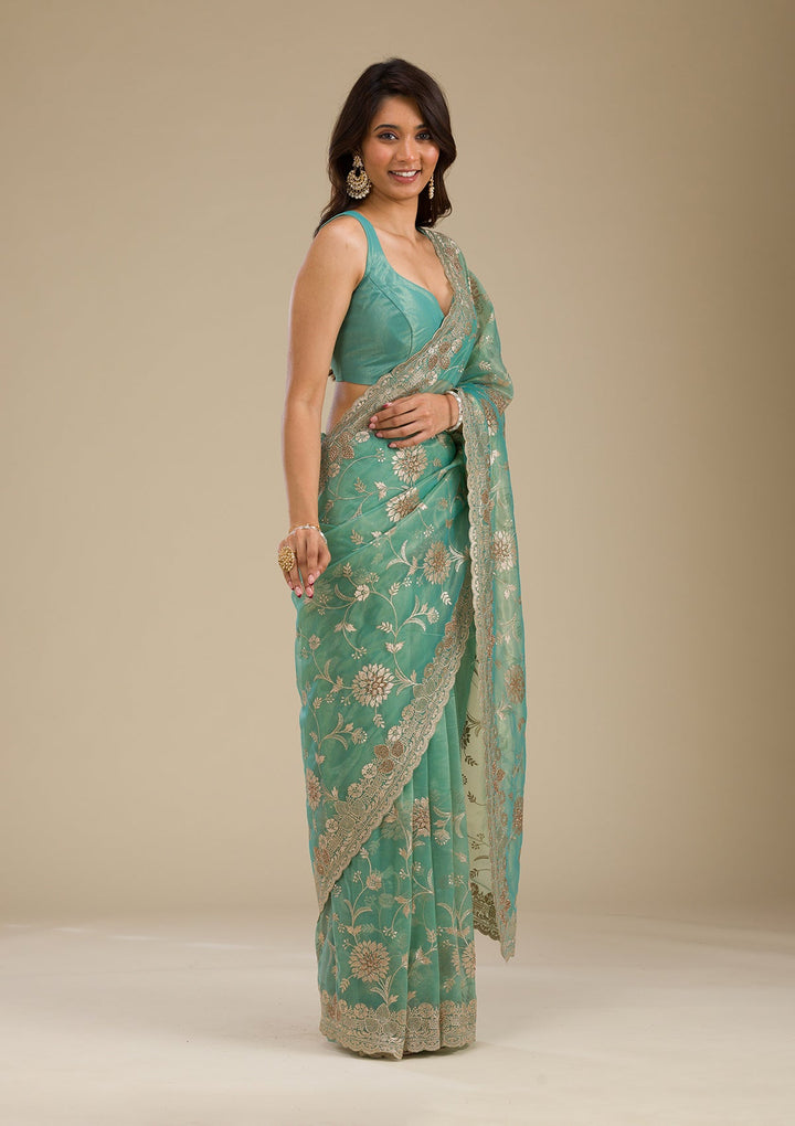 Sea Green Zariwork Tissue Saree-Koskii