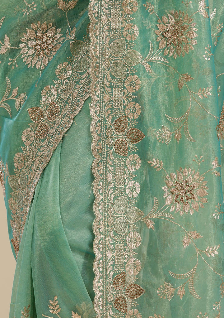 Sea Green Zariwork Tissue Saree-Koskii