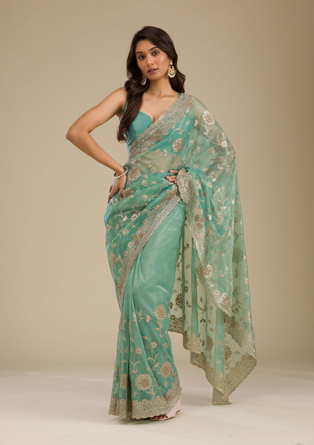 Sea Green Zariwork Tissue Saree-Koskii
