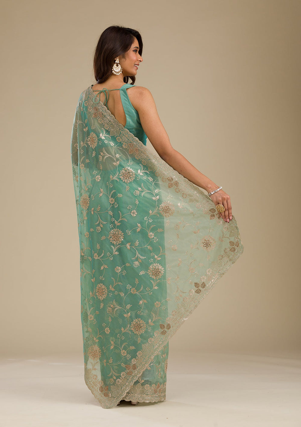 Sea Green Zariwork Tissue Saree-Koskii