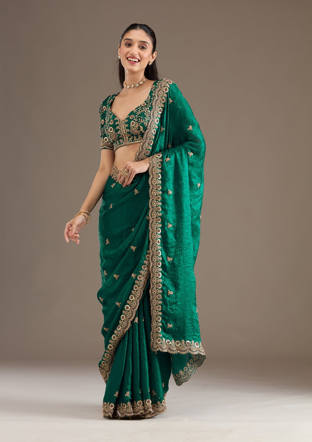 Peacock Green Zariwork Tissue Saree-Koskii