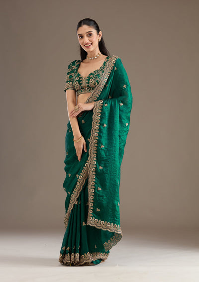 Peacock Green Zariwork Tissue Saree-Koskii