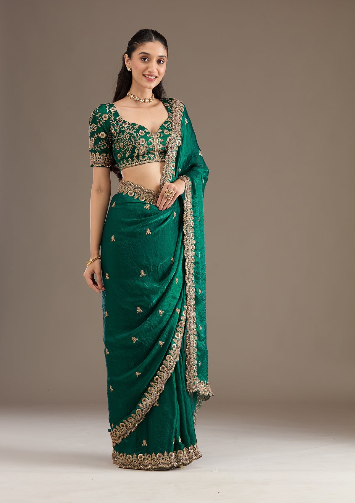 Peacock Green Zariwork Tissue Saree-Koskii