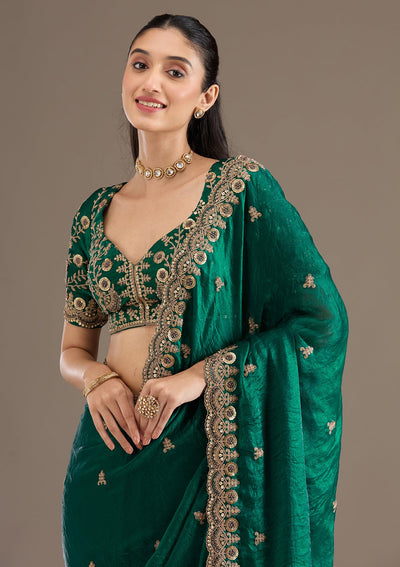 Peacock Green Zariwork Tissue Saree-Koskii