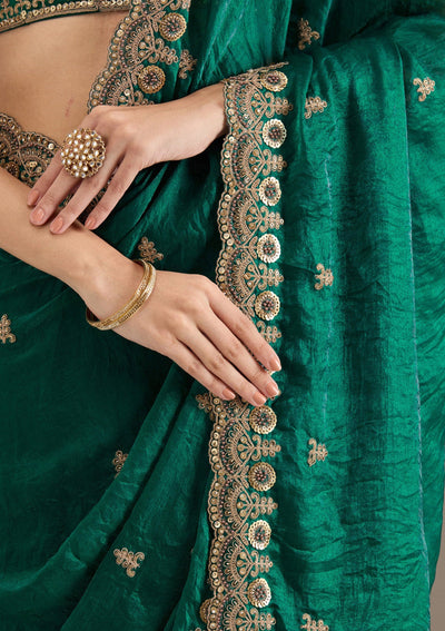 Peacock Green Zariwork Tissue Saree-Koskii