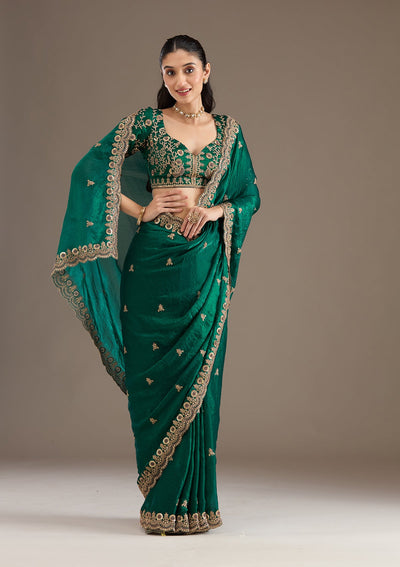 Peacock Green Zariwork Tissue Saree-Koskii