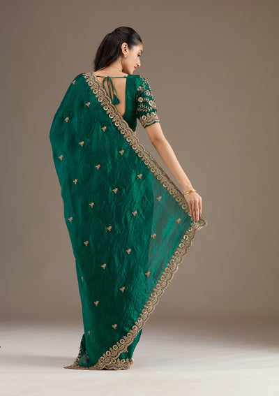 Peacock Green Zariwork Tissue Saree-Koskii