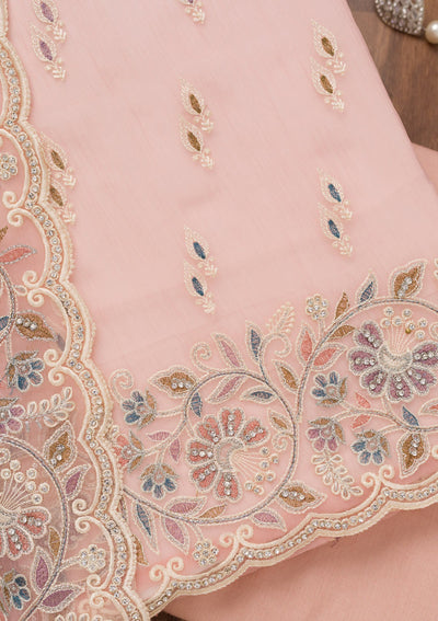 Pink Chiffon Semi Crepe Unstitched Salwar Suit-Koskii