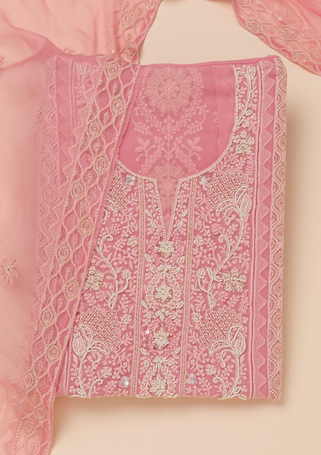 Pink Chikankari Georgette Unstitched Salwar Suit-Koskii