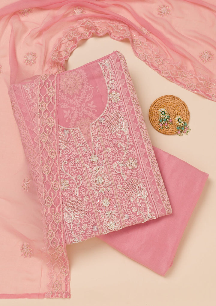 Pink Chikankari Georgette Unstitched Salwar Suit-Koskii