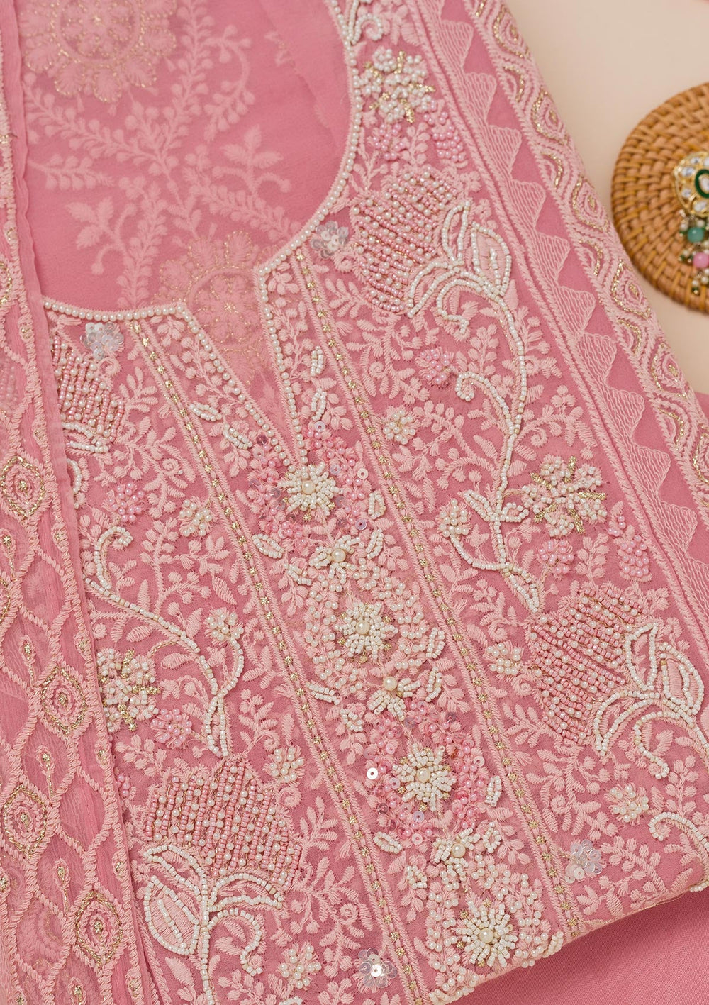 Pink Chikankari Georgette Unstitched Salwar Suit-Koskii
