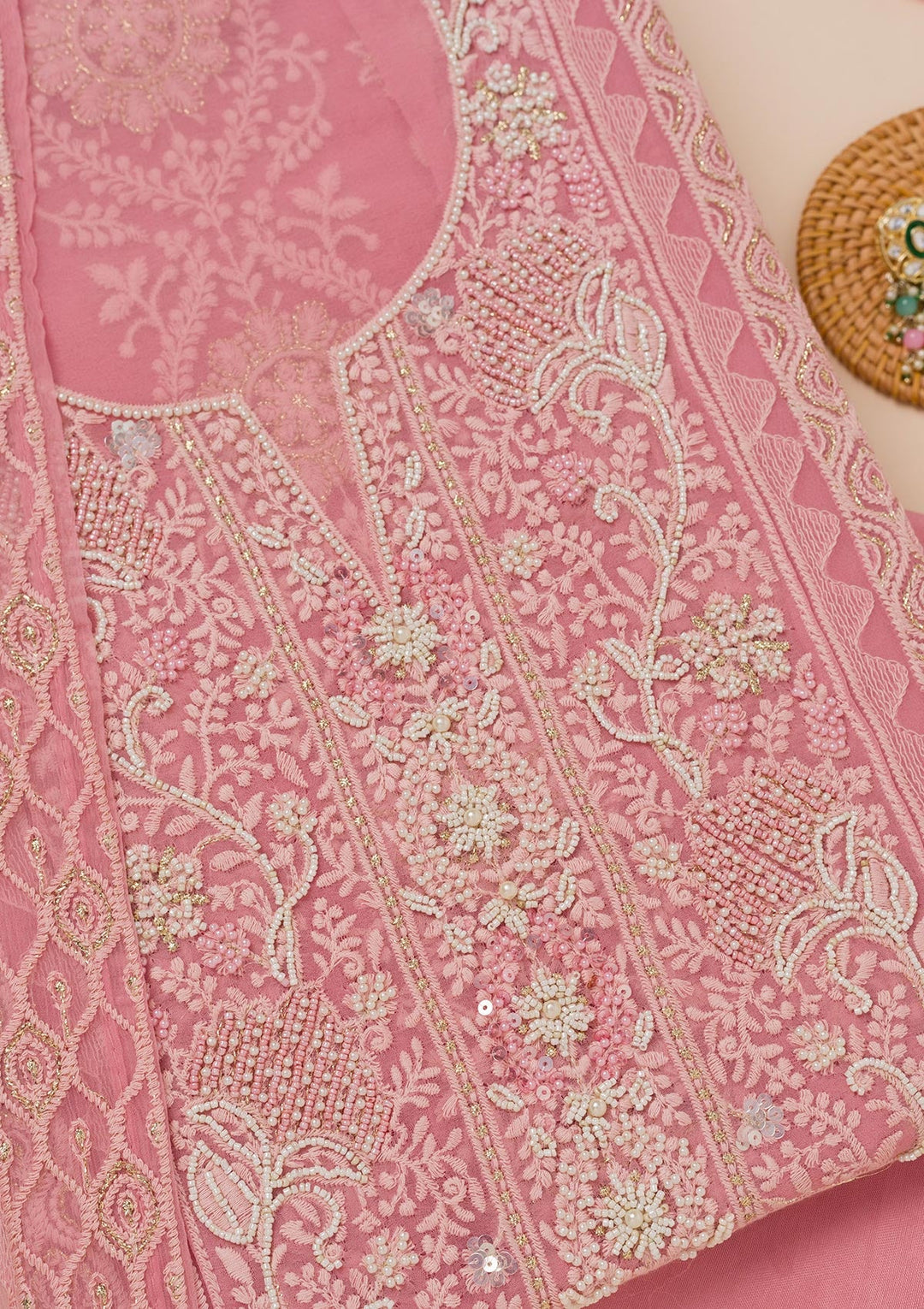 Pink Chikankari Georgette Unstitched Salwar Suit-Koskii