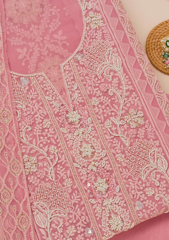 Pink Chikankari Georgette Unstitched Salwar Suit-Koskii
