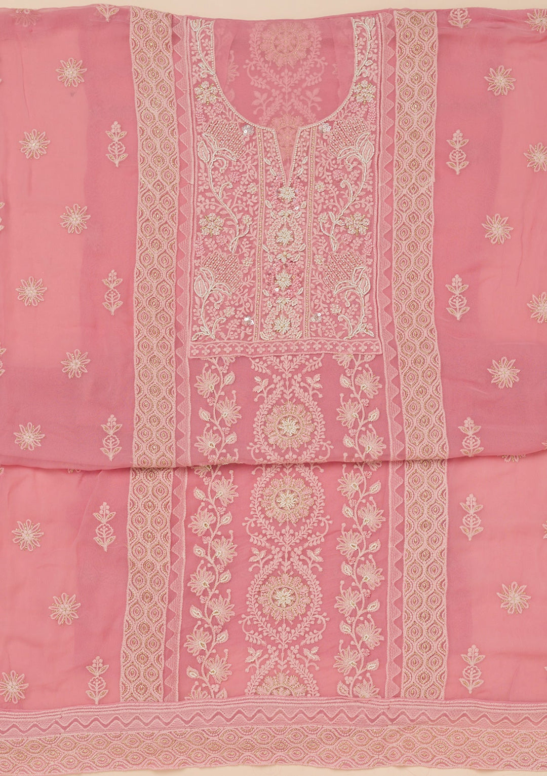 Pink Chikankari Georgette Unstitched Salwar Suit-Koskii