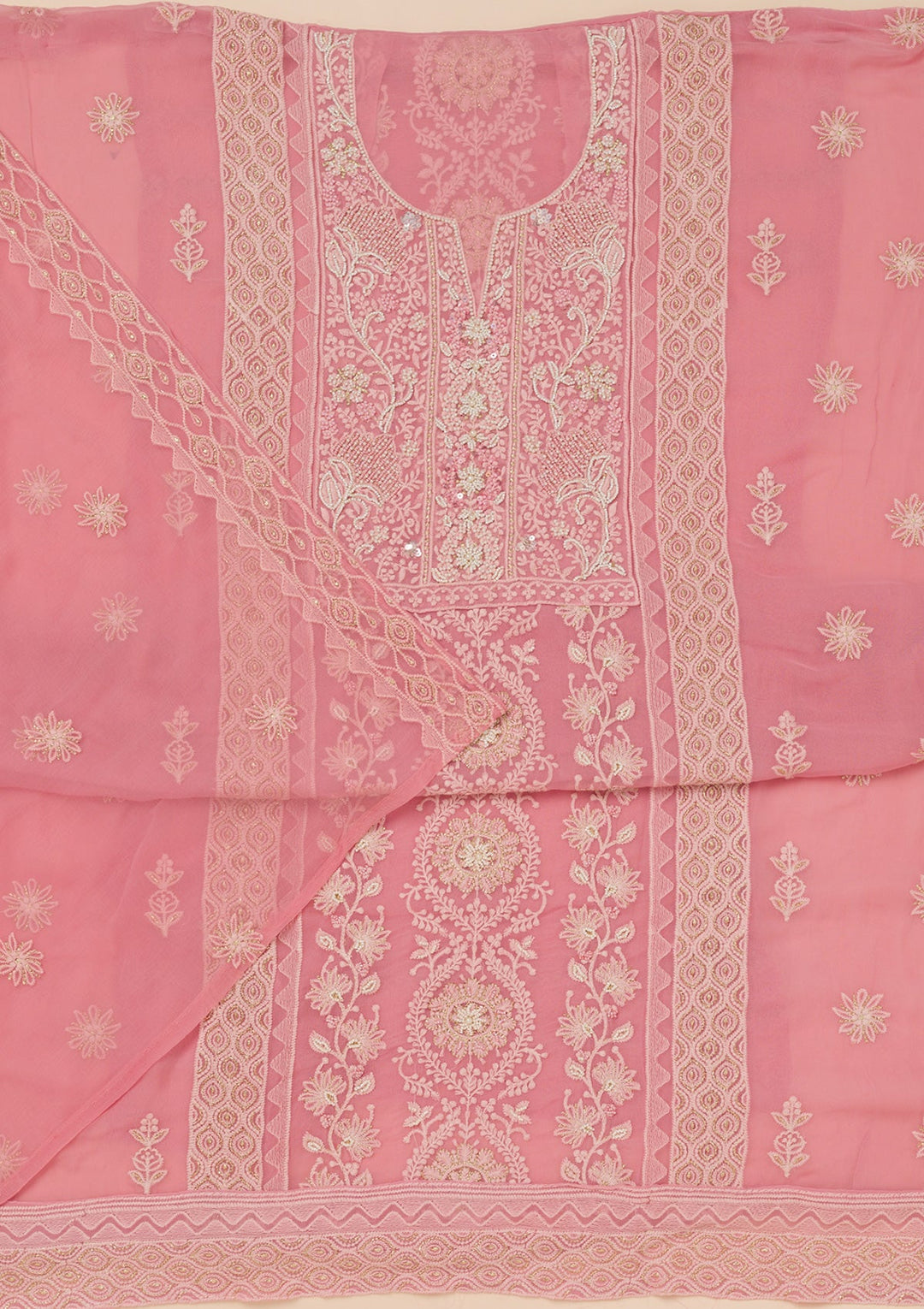 Pink Chikankari Georgette Unstitched Salwar Suit-Koskii