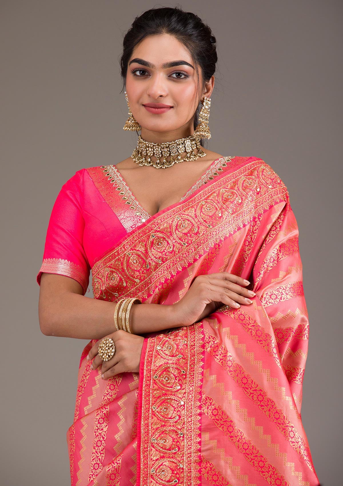 Pink Cutdana Art Silk Saree-Koskii