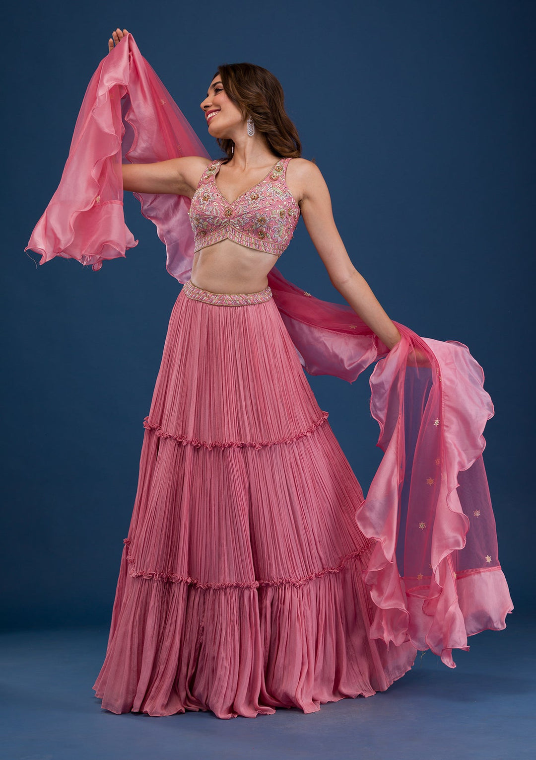 Pink Cutdana Raw Silk Readymade Lehenga-Koskii