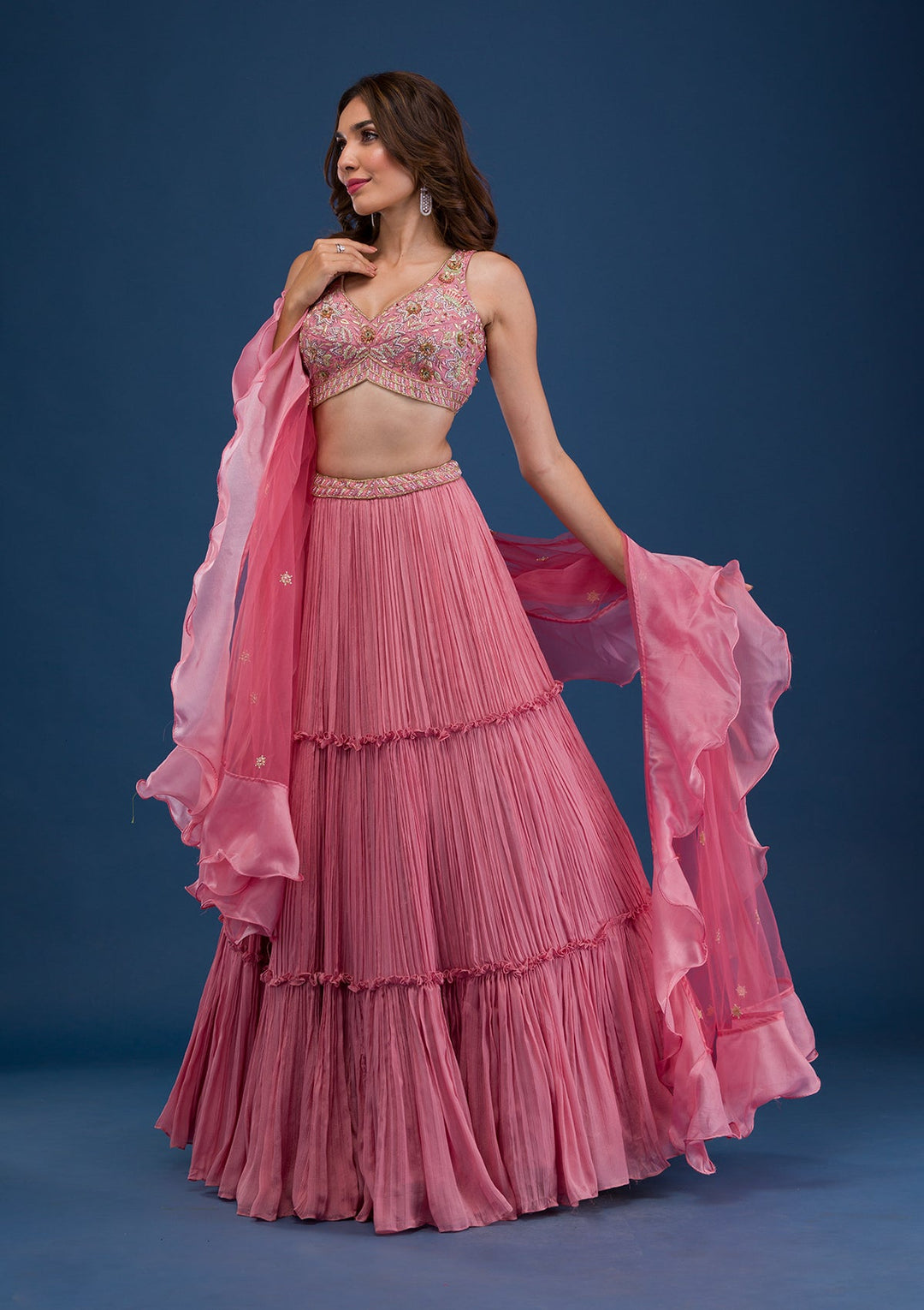 Pink Cutdana Raw Silk Readymade Lehenga-Koskii
