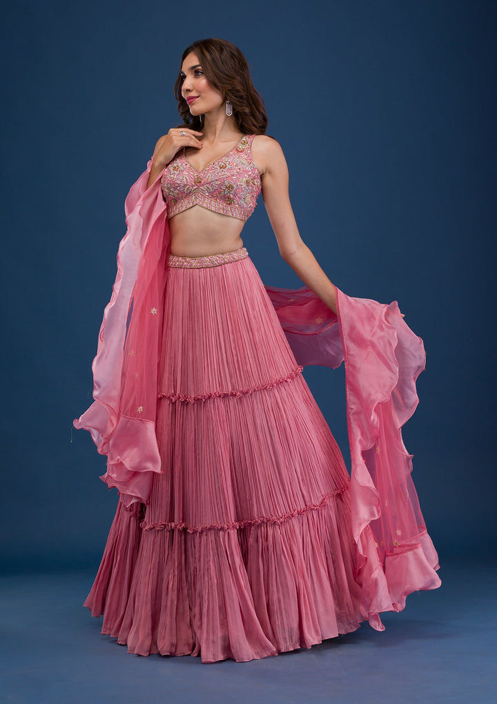 Pink Cutdana Raw Silk Readymade Lehenga-Koskii