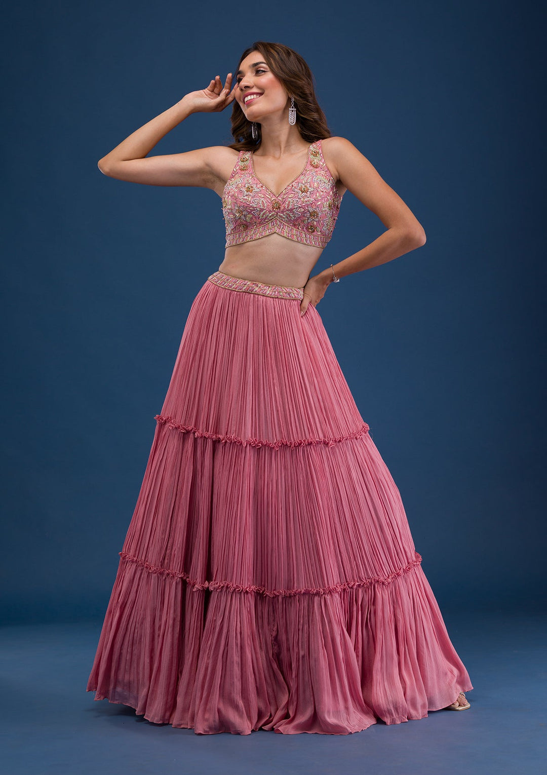 Pink Cutdana Raw Silk Readymade Lehenga-Koskii
