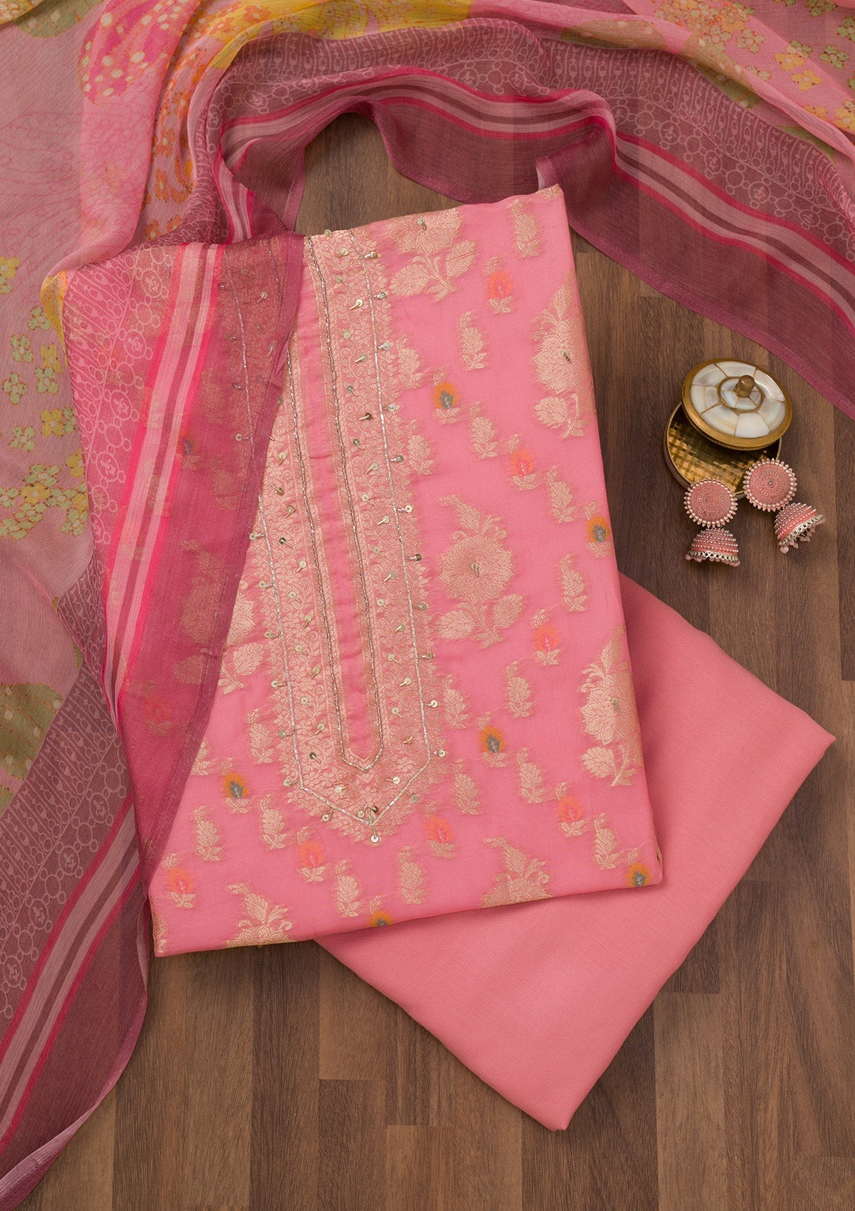 Pink Cutdana Semi Crepe Unstitched Salwar Suit-Koskii