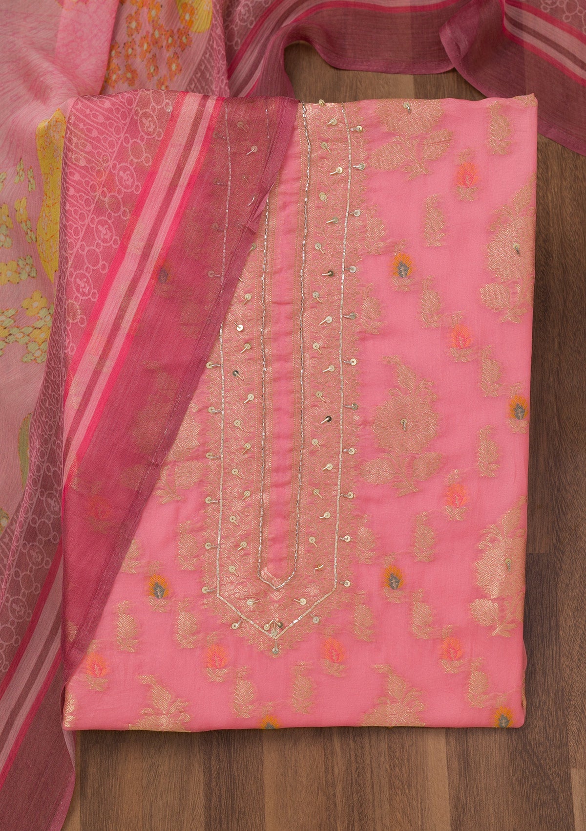 Pink Cutdana Semi Crepe Unstitched Salwar Suit-Koskii