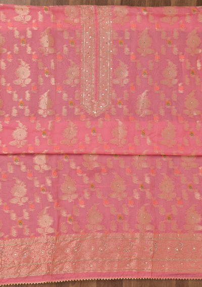 Pink Cutdana Semi Crepe Unstitched Salwar Suit-Koskii