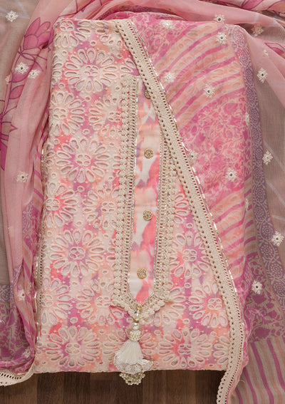 Pink Cutwork Chickenkari Cotton Unstitched Salwar Suit-Koskii