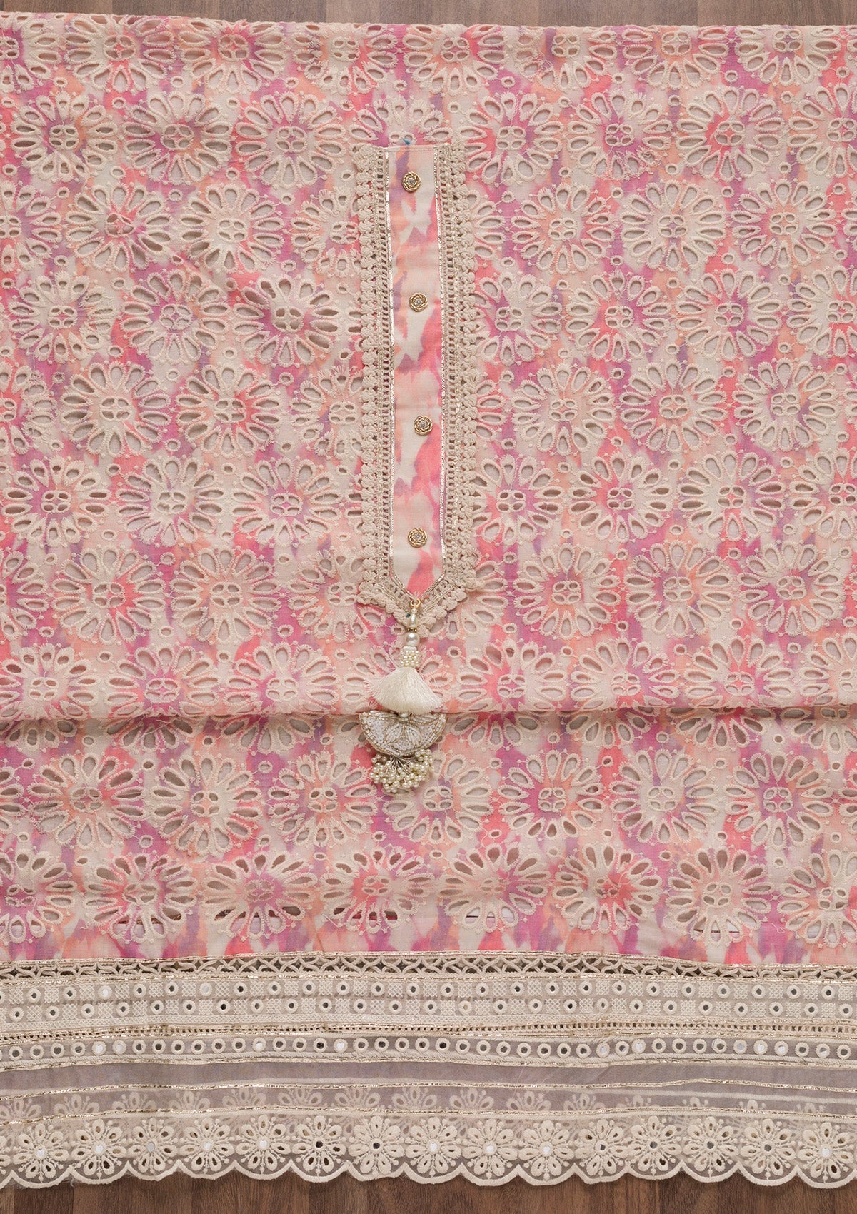 Pink Cutwork Chickenkari Cotton Unstitched Salwar Suit-Koskii