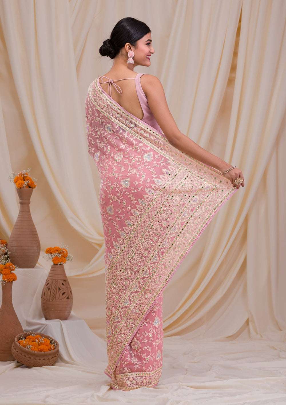 Pink Gotapatti Chiffon Saree-Koskii
