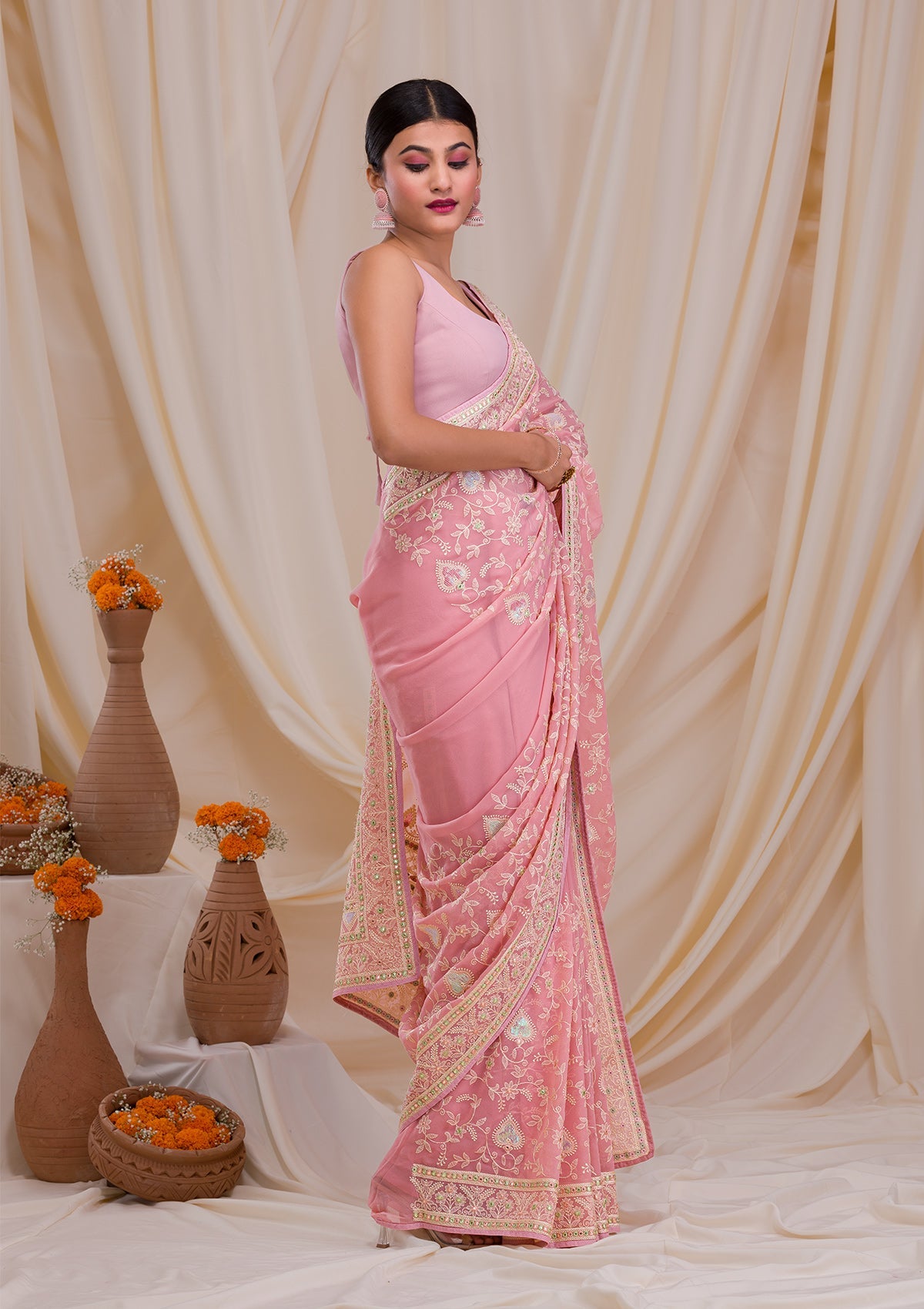 Pink Gotapatti Chiffon Saree-Koskii