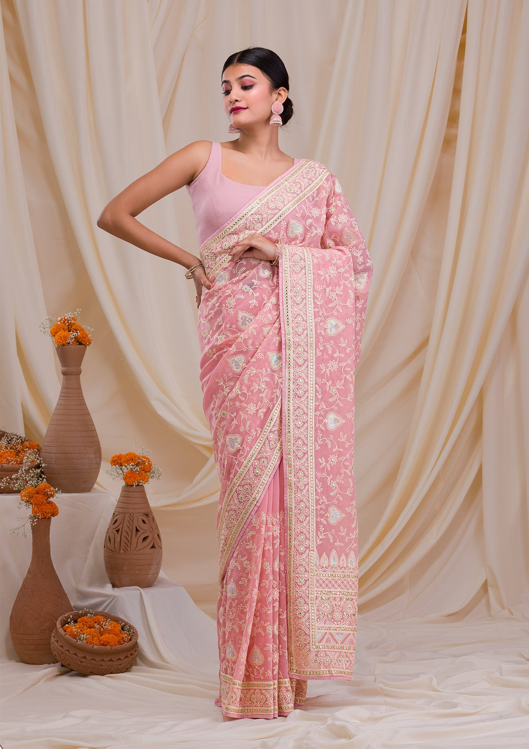 Pink Gotapatti Chiffon Saree-Koskii