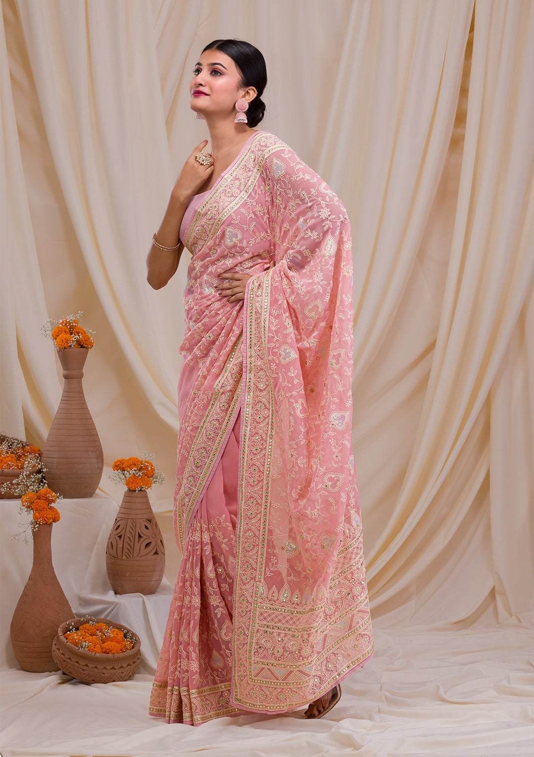 Pink Gotapatti Chiffon Saree-Koskii