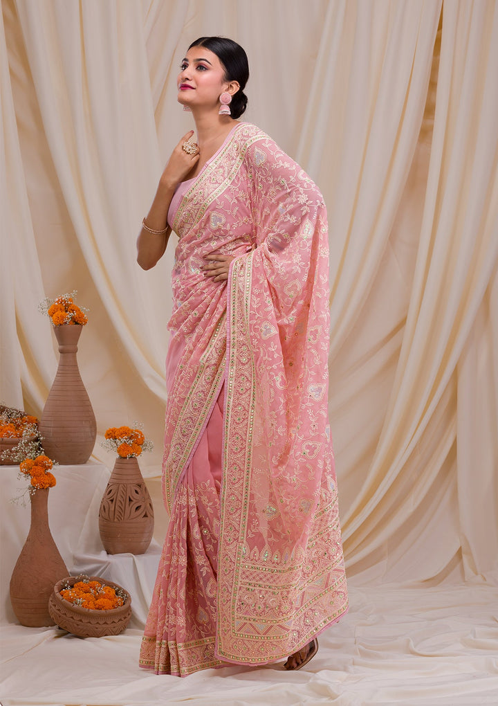 Pink Gotapatti Chiffon Saree-Koskii