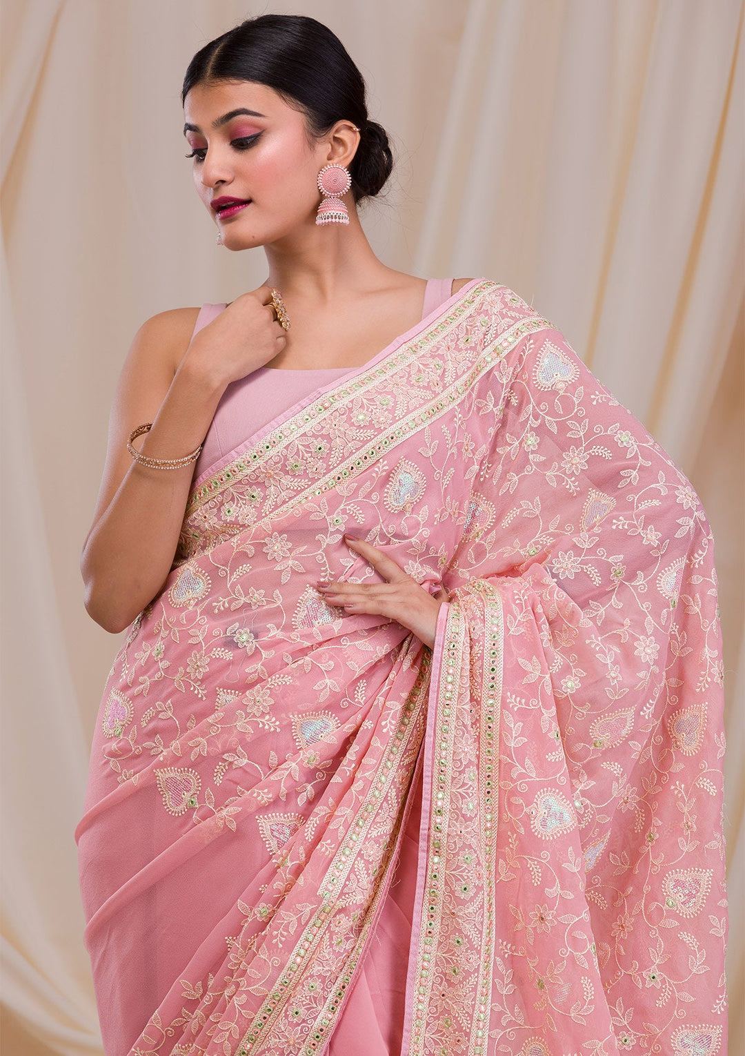 Pink Gotapatti Chiffon Saree-Koskii