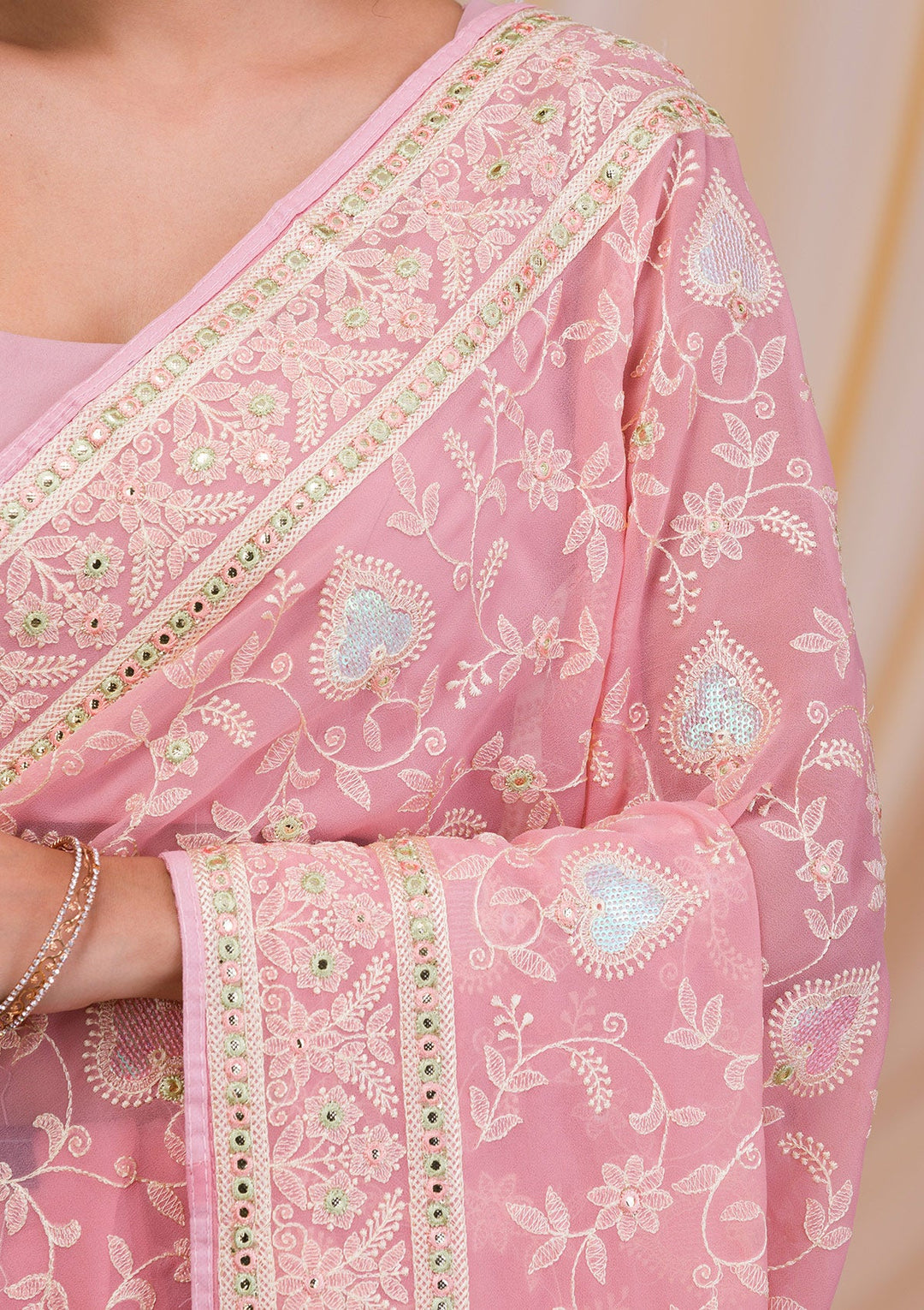 Pink Gotapatti Chiffon Saree-Koskii