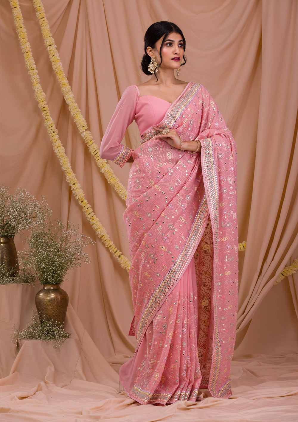 Pink Gotapatti Geogette Saree-Koskii