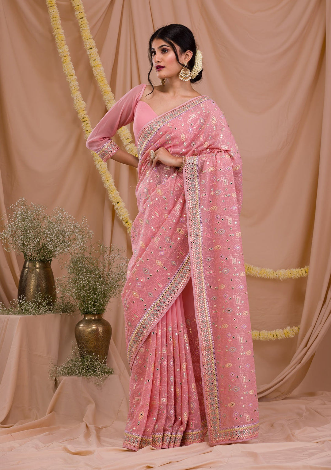 Pink Gotapatti Geogette Saree-Koskii