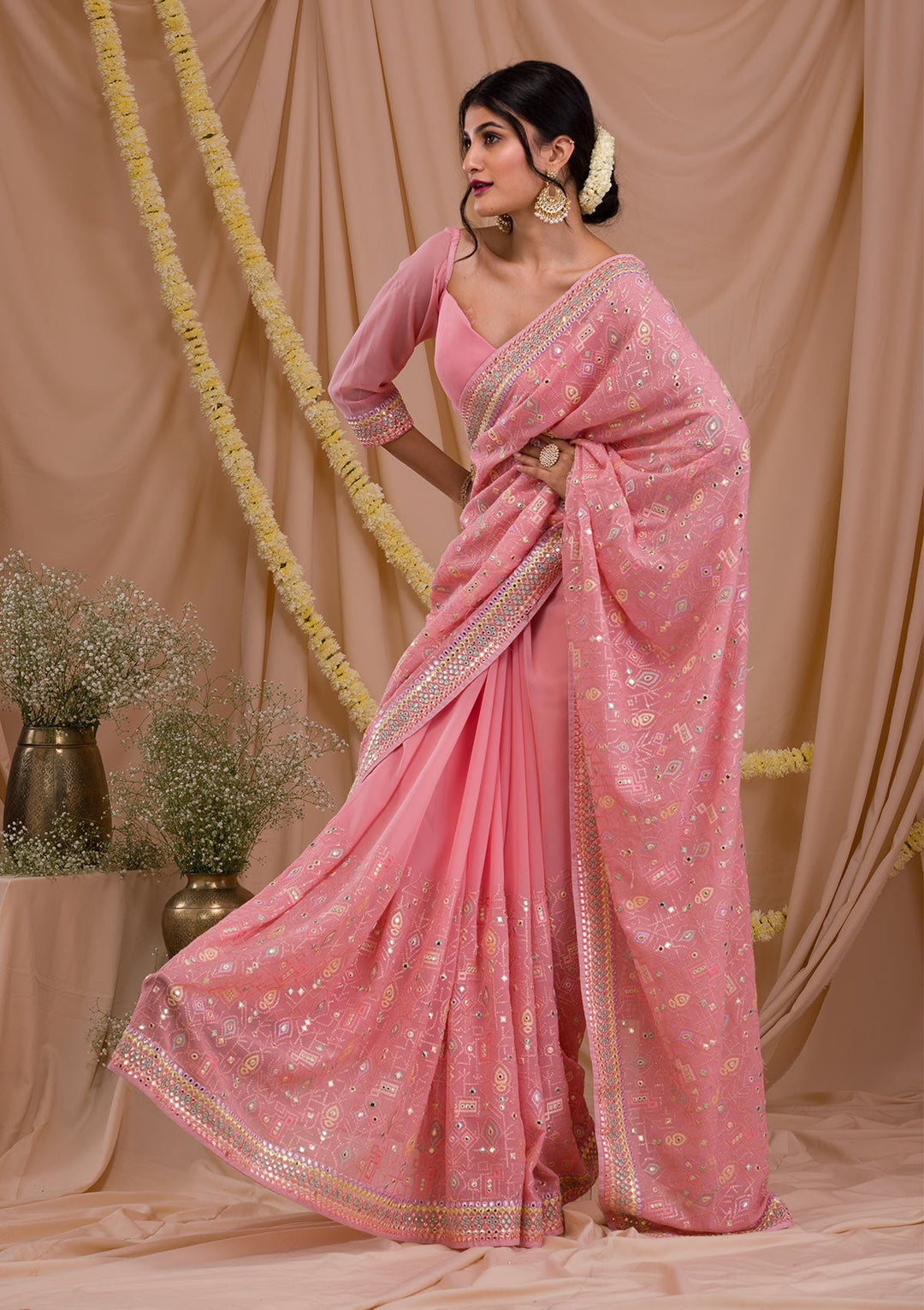 Pink Gotapatti Geogette Saree-Koskii