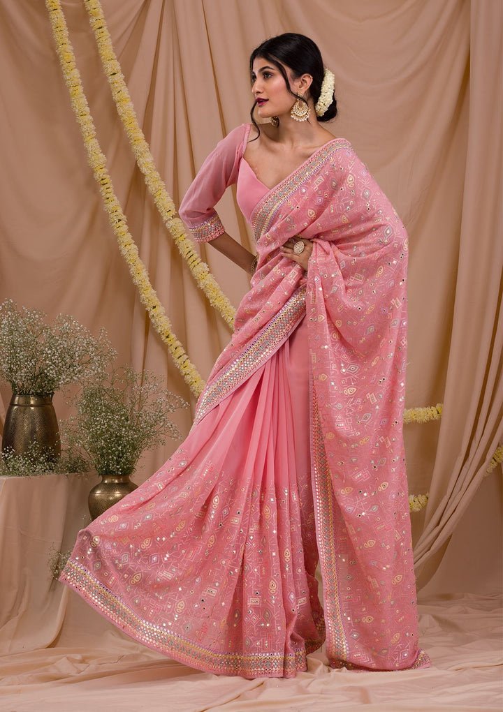 Pink Gotapatti Geogette Saree-Koskii