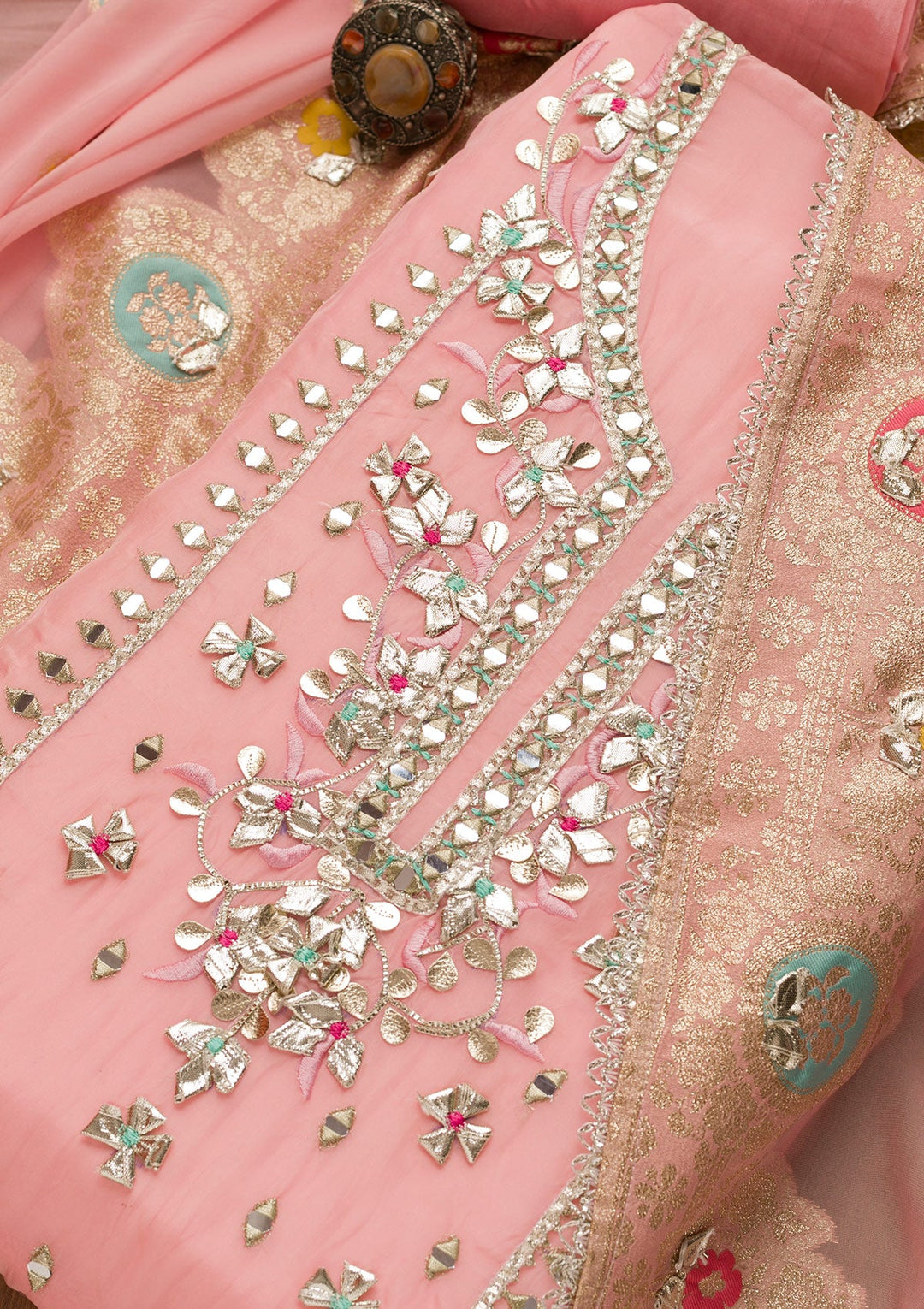 Pink Gotapatti Georgette Unstitched Salwar Suit-Koskii