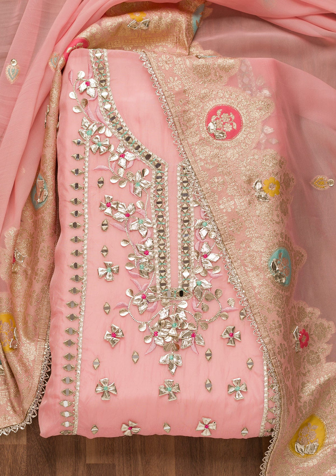 Pink Gotapatti Georgette Unstitched Salwar Suit-Koskii