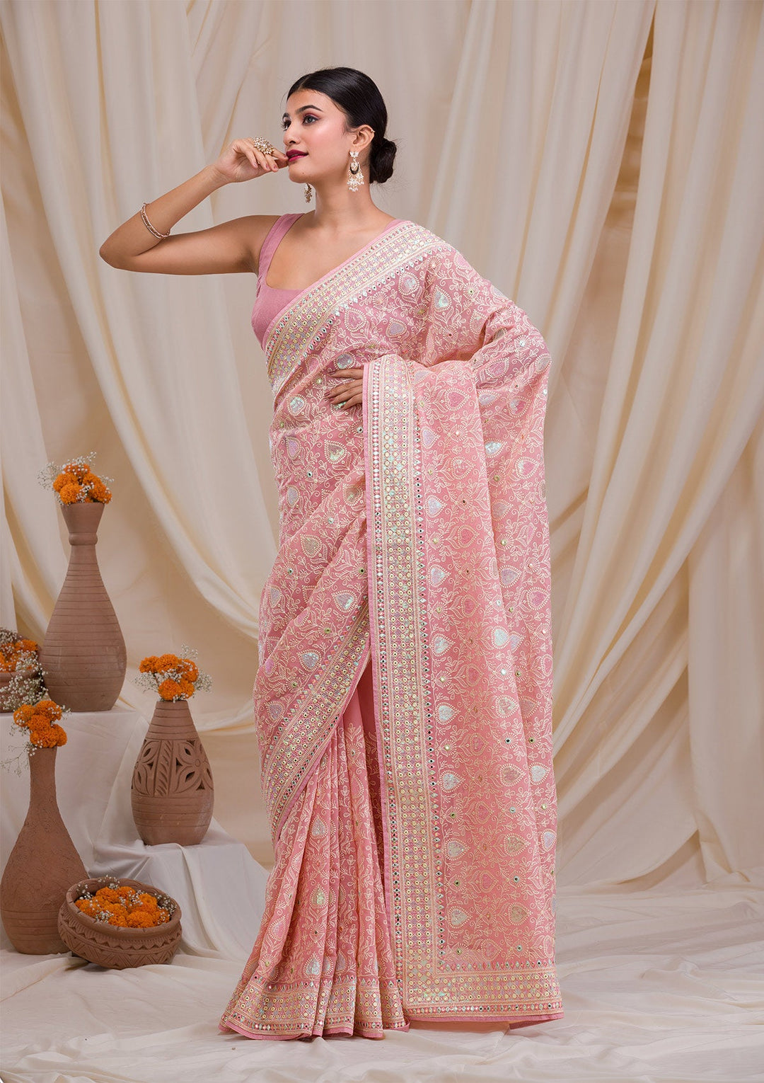 Pink Gotapatti Georgette Saree-Koskii