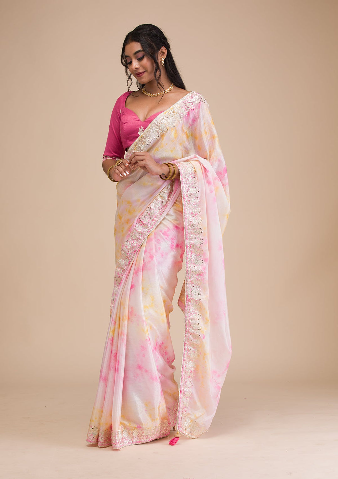 Pink Gotapatti Semi Crepe Saree-Koskii