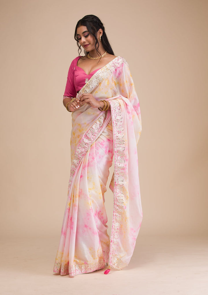 Pink Gotapatti Semi Crepe Saree-Koskii