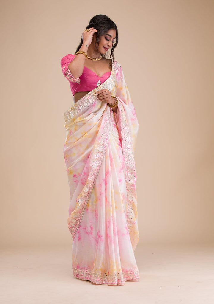 Pink Gotapatti Semi Crepe Saree-Koskii