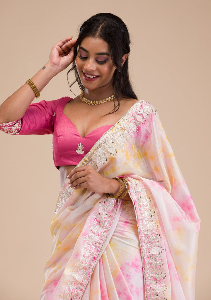 Pink Gotapatti Semi Crepe Saree-Koskii