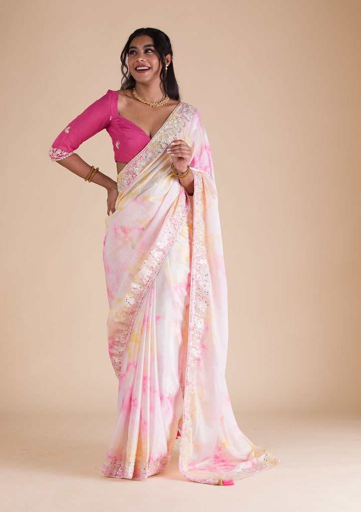 Pink Gotapatti Semi Crepe Saree-Koskii