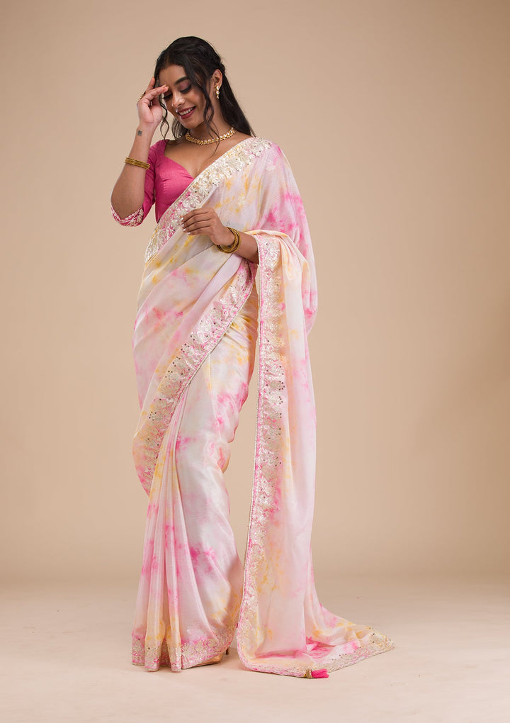 Pink Gotapatti Semi Crepe Saree-Koskii