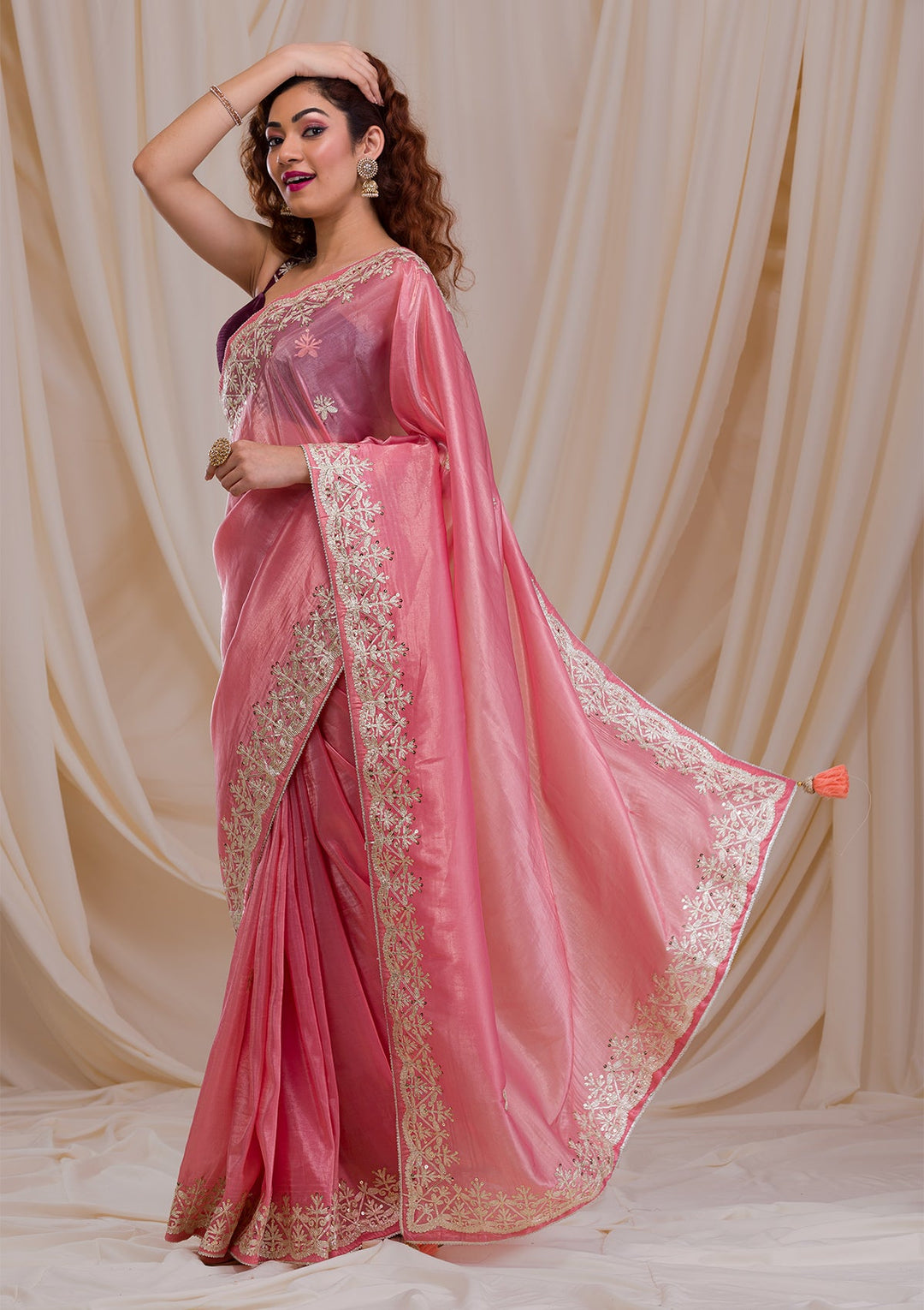 Pink Gotapatti Tissue Saree-Koskii